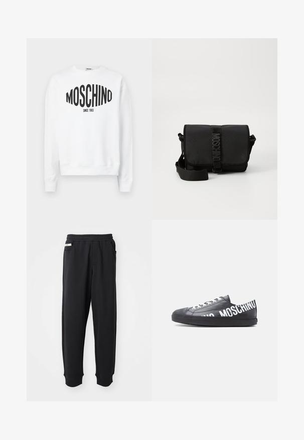 Λευκή φούτερ μπλούζα με μαύρο λογότυπο "Moschino" και το κείμενο "SINCE 1983", μακριά μανίκια και στρογγυλή λαιμόκοψη. Μαλακό βαμβακερό υλικό.; Μαύρο παντελόνι φόρμας από μαλακό ύφασμα, με ελαστική μέση, πλάγιες τσέπες και ριμπ μανσέτες στους αστραγάλους. Μινιμαλιστικός σχεδιασμός.; Μαύρο αθλητικό παπούτσι χαμηλού τύπου με λευκά κορδόνια και τη λέξη "MOSCHINO" τυπωμένη με μεγάλα λευκά γράμματα κατά μήκος της πλευράς και της φτέρνας.; Μαύρη νάιλον τσάντα crossbody με καπάκι, που διαθέτει μια εμφανή λογότυπη κλείσιμο με λουρί, ρυθμιζόμενο λουρί και λεπτομέρειες ραφής στο πλάι.