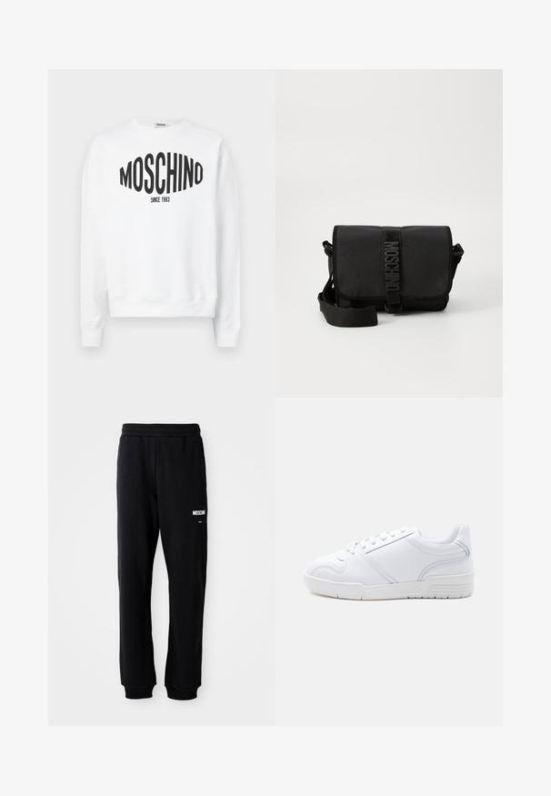 Λευκή φούτερ μπλούζα με μαύρο λογότυπο "Moschino" και το κείμενο "SINCE 1983", μακριά μανίκια και στρογγυλή λαιμόκοψη. Μαλακό βαμβακερό υλικό.; Μαύρες φόρμες με χαλαρή εφαρμογή, φτιαγμένες από μαλακό ύφασμα. Διαθέτουν ελαστική μέση και λευκό λογότυπο "Moschino" στο αριστερό μπουμπούκι.; Λευκό sneaker χαμηλής κοπής με σχέδιο κορδονιών, λείο συνθετικό επάνω μέρος και μοτίβο από καουτσούκ στη σόλα, σε απλό φωτεινό φόντο.; Μαύρη νάιλον τσάντα crossbody με καπάκι, που διαθέτει μια εμφανή λογότυπη κλείσιμο με λουρί, ρυθμιζόμενο λουρί και λεπτομέρειες ραφής στο πλάι.