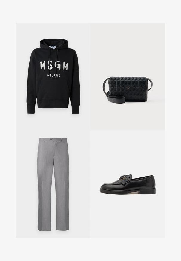 Μαύρη φόρμα με κουκούλα και λευκό λογότυπο MSGM Milano μπροστά, διαθέτοντας μπροστινή τσέπη και κορδόνι στην κουκούλα.; Γκρι ραμμένα παντελόνια φόρμας με βρόχους για ζώνη, μπροστινό κουμπί και φερμουάρ, με κατευθείαν γραμμή.; Μαύρα δερμάτινα loafers με στρογγυλή μύτη και διακοσμητική αγκράφα. Επιπέδη, συμπαγής φτέρνα και λεία υφή σε όλη την επιφάνεια.; Μαύρη τσάντα χιαστί με υφή, με κλείσιμο με καπάκι και μικρό μεταλλικό λογότυπο στο μπροστινό μέρος, εμφανιζόμενη πάνω σε απλό φόντο.