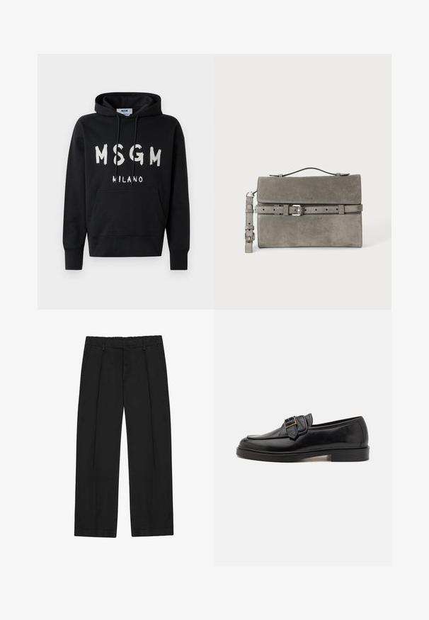 Μαύρη φόρμα με κουκούλα και λευκό λογότυπο MSGM Milano μπροστά, διαθέτοντας μπροστινή τσέπη και κορδόνι στην κουκούλα.; Μαύροι παντελόνες με ίσια γραμμή, που διαθέτουν πιέτες, πλαϊνές τσέπες και επίπεδη μέση. Κατασκευασμένοι από λείο ύφασμα με ματ φινίρισμα.; Μαύρα δερμάτινα loafers με στρογγυλή μύτη και διακοσμητική αγκράφα. Επιπέδη, συμπαγής φτέρνα και λεία υφή σε όλη την επιφάνεια.; Γκρι ορθογώνια σουέντ τσάντα φάκελος με επάνω λαβή, αποσπώμενο ιμάντα και ασημί διακοσμητική ζώνη με πόρπη στην μπροστινή πτυχή.