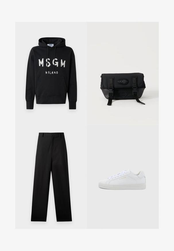 Μαύρη φόρμα με κουκούλα και λευκό λογότυπο MSGM Milano μπροστά, διαθέτοντας μπροστινή τσέπη και κορδόνι στην κουκούλα.; Μαύρο παντελόνι από βαμβάκι με ίσια γραμμή, διαθέτοντας κλείσιμο μπροστά με κουμπί και πλαϊνές τσέπες. Λείο υλικό, χωρίς σχέδια.; Λευκά δερμάτινα sneakers χαμηλού ύψους με στρογγυλή μύτη, επίπεδα κορδόνια, υφασμένη σόλα και διακριτικό χρυσό λογότυπο στο πλάι. Λείο υλικό και μινιμαλιστικός σχεδιασμός.; Μαύρο τσαντάκι Moschino χιαστί με μπροστινό καπάκι, δύο λουράκια με αγκράφες και έμβλημα λογότυπου σε απλό ανοιχτό φόντο.