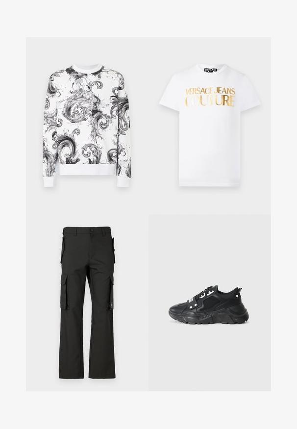 Sweat-shirt blanc à manches longues avec des motifs baroques abstraits tourbillonnants noirs et gris, poignets et ourlet côtelés.; T-shirt blanc à manches courtes avec texte métallisé doré "Versace Jeans Couture" sur le devant et col rond.; Pantalons cargo noirs avec une coupe droite, présentant plusieurs poches latérales et une fermeture à bouton. Fabriqués en tissu résistant, texture lisse.; Basket de sport noire avec un panneau en maille texturée, semelle en caoutchouc épaisse, accents contrastants et fermeture à lacets. Dispose d'une languette arrière.