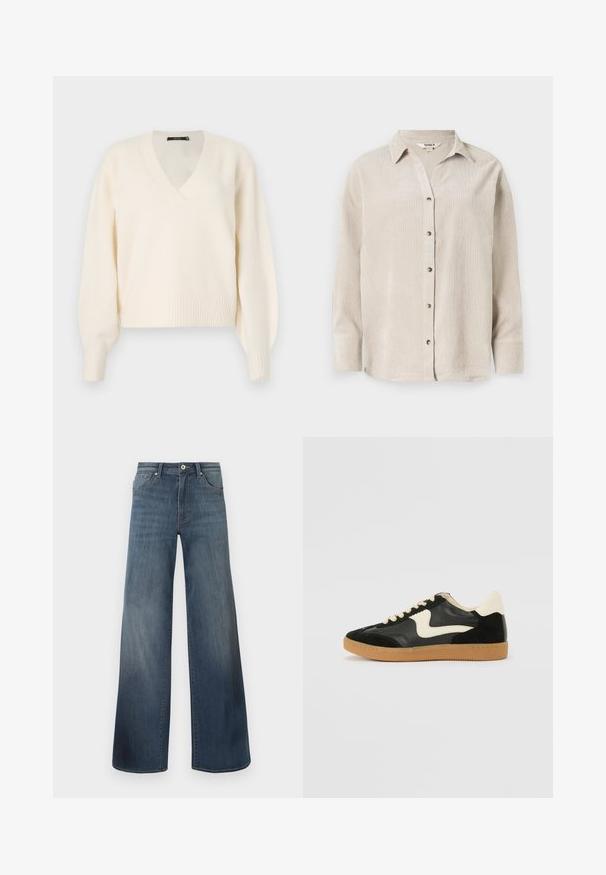 Vero Moda Knitted VMBOOM Knitted - Striktrøje - birch melange; Lys beige langærmet skjorte med knaplukning fortil, afslappet pasform og et struktureret stof. Har en klassisk krave og synlige knapper.; Bredde denim jeans i mørkeblå, med en slidteknik, knaplukning og fem-lomme stil. Glat tekstur, minimal syning detaljer.; Sorte ruskinds- og lædersneakers med en cremefarvet side-swoosh og lys cremefarvet hæl. Har beige snørebånd og en gummirubber-sål.