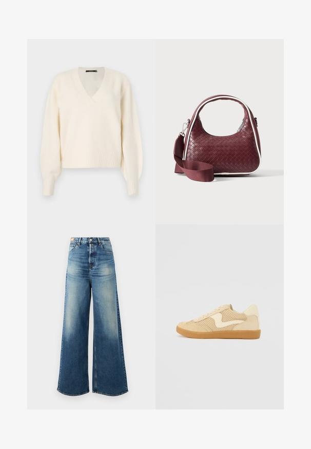 Vero Moda Knitted VMBOOM Knitted - Striktrøje - birch melange; Bredde ben blue denim jeans med en falmet finish, høj talje og klassisk fem-lomme design. Har kobber hardware og flossede kanter.; Beige sneakers med ruskind og mesh-materialer, rund form, fremtrædende polstret krave og en gummikondisko. Har et bølge-design som accent.; Mørkerød vævet lædertaske med buet hank, hvid kant, sølv lynlås og aftagelig bred stofskulderrem mod en ensfarvet baggrund.