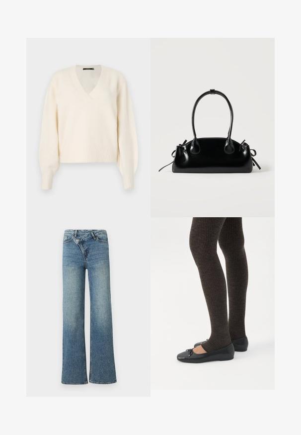 Vero Moda Knitted VMBOOM Knitted - Jersey de punto - birch melange; Vaqueros de mezclilla azul claro de pierna ancha con cintura alta, decoloración ligera y cierre de botón en la parte delantera. Cuenta con cinco bolsillos y costuras mínimas.; Piernas con leggings oscuros acanalados combinados con bailarinas negras que presentan pequeños detalles de lazo sobre un fondo blanco.; Pequeño bolso negro brillante con dos asas largas y detalles de cordón lateral sobre un fondo claro liso.