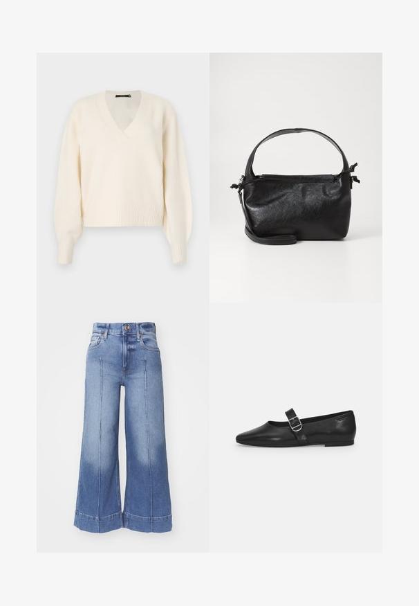Vero Moda Knitted VMBOOM Knitted - Striktrøje - birch melange; Vidde denim jeans i lyseblå, med høj talje, falmet design, forlommer og syede detaljer langs benene.; Sorte læder flade sko med rund tå, et enkelt justerbart spænde og en glat, blank overflade. Minimalistisk design med en lav hæl.; Sort læderhåndtaske med et struktureret design, rund tophåndtag og aftagelig skulderrem. Den har en glat tekstur og en subtil glans.