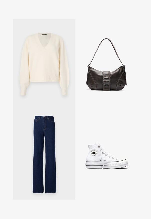 Vero Moda Knitted VMBOOM Knitted - Pullover - birch melange; Jean en denim bleu foncé à taille haute, coupe large et design classique à cinq poches. Fini avec des coutures contrastées et un bouton en métal.; Baskets montantes blanches Converse Chuck Taylor All Star avec patch logo noir et lacets blancs, présentées sur fond blanc.; Sac à épaule en cuir marron avec une forme courbée, présentant un détail de boucle proéminent, des coutures contrastantes et une seule bandoulière.