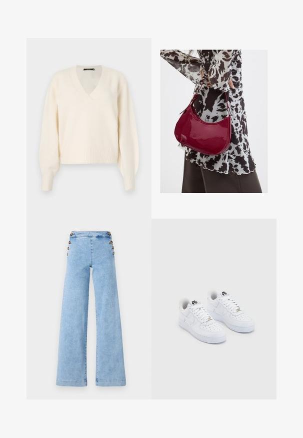 Vero Moda Knitted VMBOOM Knitted - Jersey de punto - birch melange; Jeans de mezclilla de corte ancho en azul claro con una cintura alta, que presentan detalles de botones metálicos a lo largo de los lados y una textura suave, ligeramente desgastada.; Zapatillas Nike Air Force 1 blancas con una parte superior de cuero suave, puntera perforada, cordones blancos y un logotipo negro en la lengüeta.; Mujer con blusa de estampado en blanco y negro sosteniendo un bolso de hombro rojo brillante sobre un fondo liso.