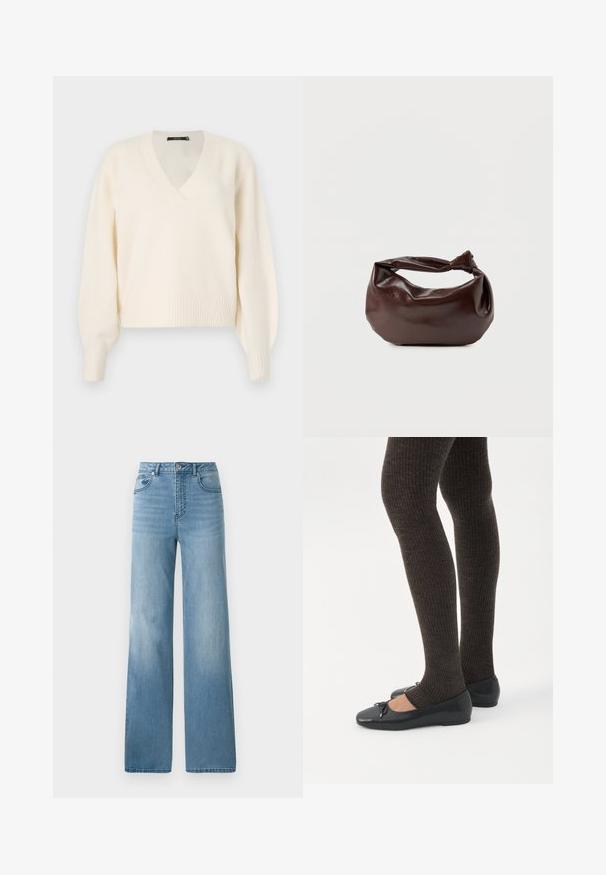 Vero Moda Knitted VMBOOM Knitted - Striktrøje - birch melange; Lyseblå højtaljede jeans med lige ben. Fremstillet af denim, med fem lommer og knaplukning.; Ben iført mørke ribbede leggings kombineret med sorte balletsko med små sløjfedetaljer på hvid baggrund.; Mørkebrun læder skuldertaske med en blød, afslappet form og et snoet knudehåndtag på en ensartet hvid baggrund.