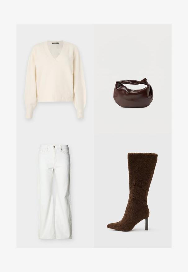 Vero Moda Knitted VMBOOM Knitted - Striktrøje - birch melange; Hvide jeans med høj talje og lige ben, med forreste knap, lynlåslukning samt sidelommer og baglommer, mod en ensartet lys baggrund.; Brun støvle med hæl i et tekstureret, blødt materiale. Har spids tå og en smal, firkantet hæl. Vertikalt design med høj skaft.; Mørkebrun læder skuldertaske med en blød, afslappet form og et snoet knudehåndtag på en ensartet hvid baggrund.