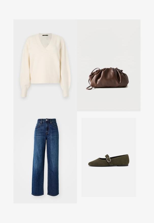 Vero Moda Knitted VMBOOM Knitted - Striktrøje - birch melange; Mørkeblå denim jeans med høj talje, bred bendesign, for- og baglommer samt subtilt slid. Metalhardware på taljen.; Æblegrøn ruskind Mary Jane flad sko med sølvspænde og rundet tå, vist på en hvid baggrund.; Blød brun læderpung med samlet top og tynd strop, hvilende på hvid baggrund.
