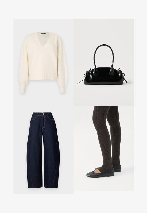 Vero Moda Knitted VMBOOM Knitted - Jersey de punto - birch melange; Pantalones de mezclilla oscuros de pierna ancha con costuras naranjas en contraste, cinco bolsillos y un cierre de botón y cremallera en la cintura.; Piernas con leggings oscuros acanalados combinados con bailarinas negras que presentan pequeños detalles de lazo sobre un fondo blanco.; Pequeño bolso negro brillante con dos asas largas y detalles de cordón lateral sobre un fondo claro liso.