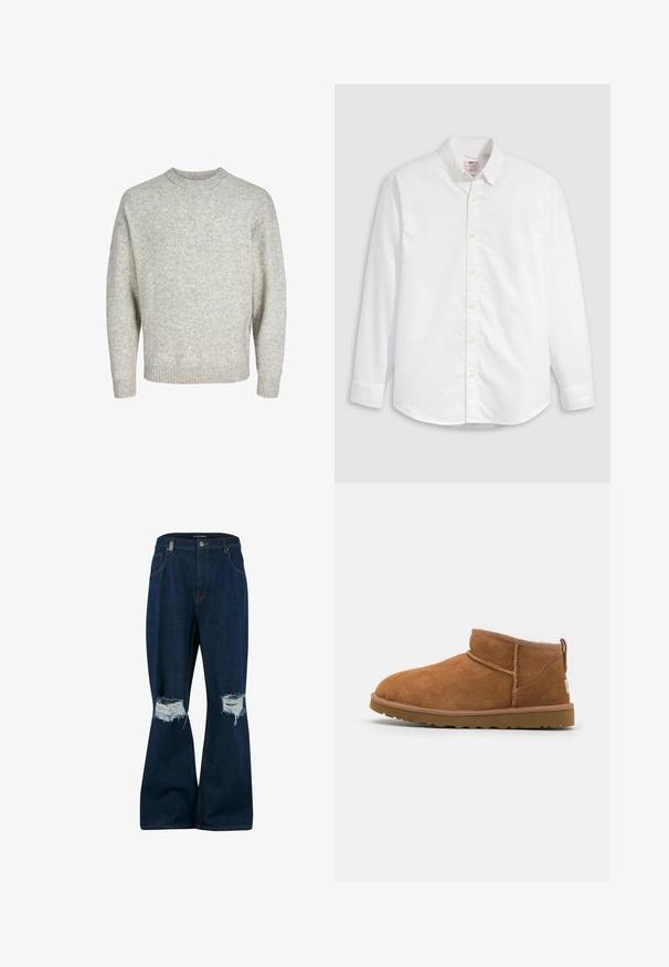Pull en tricot gris clair avec un col rond, des épaules tombantes et des poignets côtelés, présentant une surface texturée et légèrement duveteuse.; Chemise blanche à boutons en coton avec manches longues, col classique et ourlet arrondi. Dotée de boutons jaunes et d'un branding discret.; 2Y Studios ANDUIN RIPPED BAGGY - Jean baggy - raw; Bottine en suède beige avec un bout rond, des détails de couture subtils et une semelle en caoutchouc texturée. Hauteur courte sans lacets.
