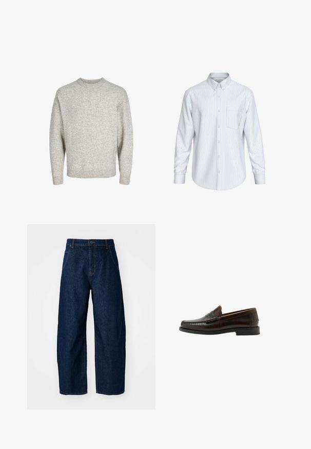 Pull en tricot gris clair avec un col rond, des épaules tombantes et des poignets côtelés, présentant une surface texturée et légèrement duveteuse.; Chemise blanche à manches longues avec de fines rayures verticales noires et une poche poitrine unique, présentée sur un fond neutre.; Jean en denim foncé à jambes larges et taille haute, avec cinq poches, fermeture à l'avant par bouton et détails de couture visibles.; Mocassin penny en cuir marron foncé avec bout moc cousu, talon bas et finition lisse, présenté de profil sur fond blanc.