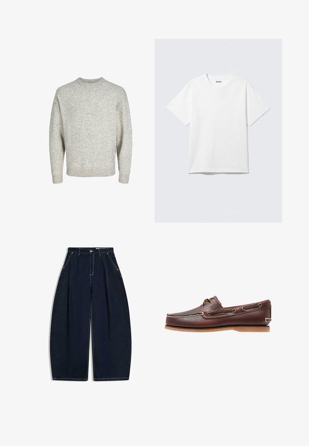 Pull en tricot gris clair avec un col rond, des épaules tombantes et des poignets côtelés, présentant une surface texturée et légèrement duveteuse.; T-shirt blanc à manches courtes et col rond, étalé à plat, design uni, avec l'étiquette "WEEKDAY" à l'intérieur du col sur un fond clair.; Pantalon en denim bleu foncé à larges jambes, taille haute, plis, bouton frontal, fermeture éclair et poches avant inclinées avec couture visible.; Chaussure bateau en cuir marron avec coutures blanches, détails de lacets et semelle en caoutchouc beige, vue de côté sur fond blanc.