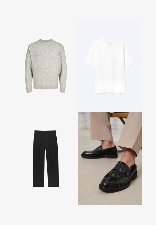 Lys grå strikket sweater med rund halsudskæring, drop shoulders og ribbede manchetter, der har en struktureret, let fuzzy overflade.; Enkel hvid T-shirt med korte ærmer og rund hals med afslappet pasform, vist på en lys baggrund.; Sorte bukser med lige ben, lavet af et glat stof. Har frontfolder og en enkelt knaplukning i taljen.; Sorte lædermokkasiner med en glat overflade, der har en dekorativ rem og kontraststing, parret med beige bukser.