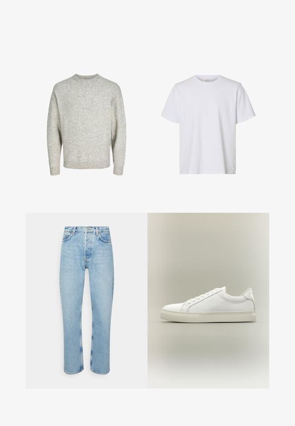 Pull en tricot gris clair avec un col rond, des épaules tombantes et des poignets côtelés, présentant une surface texturée et légèrement duveteuse.; T-shirt blanc uni à manches courtes, col rond, coupe régulière et texture de tissu lisse, présenté sur fond blanc.; Jean en denim bleu clair avec une coupe droite, taille haute, design à cinq poches et détails de couture visibles sur les coutures et les ourlets.; Baskets blanches basses à lacets sur l’avant et semelle épaisse, vues de côté sur un fond neutre.
