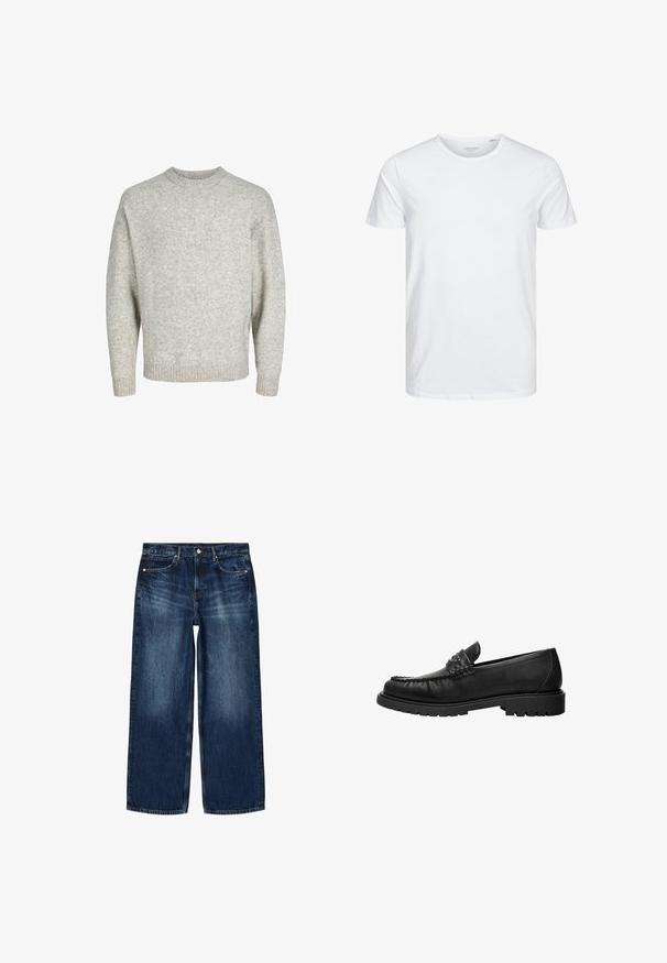 Pull en tricot gris clair avec un col rond, des épaules tombantes et des poignets côtelés, présentant une surface texturée et légèrement duveteuse.; T-shirt à col rond à manches courtes de couleur blanche unie, fabriqué en coton doux, avec un design simple sans motifs ni accents visibles.; Jean denim bleu foncé à coupe droite avec poches avant, passants de ceinture et fermeture par bouton et zip, présenté à plat sur fond blanc.; Mocassin en cuir noir avec dessus cousu, détail de bride cloutée et semelle épaisse à crampons, présenté en profil latéral sur fond blanc.