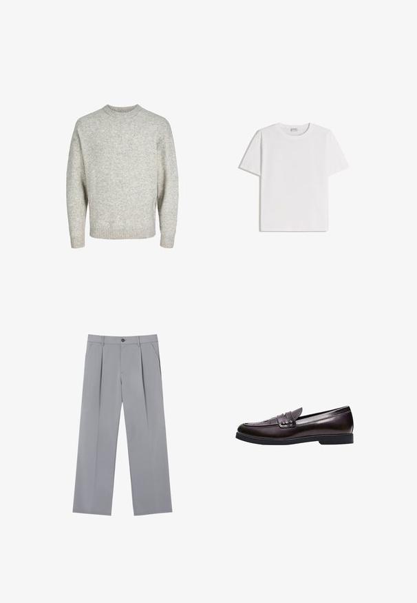 Lys grå strikket sweater med rund halsudskæring, drop shoulders og ribbede manchetter, der har en struktureret, let fuzzy overflade.; Hvid bomuld T-shirt med rund halsudskæring og korte ærmer. Har en klassisk, firkantet form uden synlige mønstre eller detaljer.; Grå plisserede bukser med en afslappet pasform, lavet af et letvægtsstof. Har forlommer og en knaplukning i taljen.; Mørkebrun læderloafer med lav hæl, syninger på tåen og en dekorativ rem over vristen.