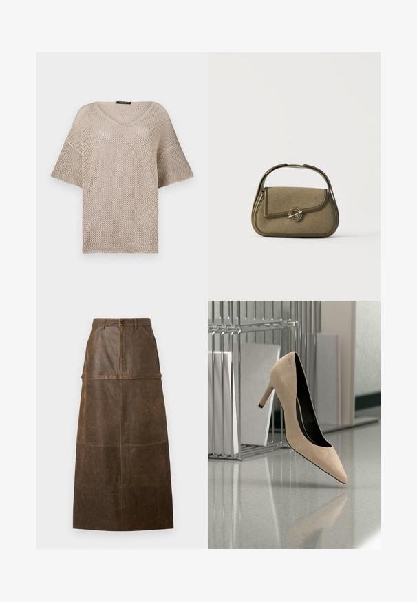 Open-gehaakte beige trui met V-hals, korte mouwen en een losse pasvorm. Het materiaal is lichtgewicht met een gevarieerd weefpatroon.; Bruine leren midi rok met een hoge taille, een voorzak en een zachte textuur met zichtbare stiksels.; Beige suède hoge hak schoen zweeft boven een reflecterend oppervlak met metalen ordners en documenten op de achtergrond.; Kleine olijfgroene handtas met afgeronde hoeken, een bovenhandvat en een klep met een sluiting die vastzit met een ronde metalen sluiting.