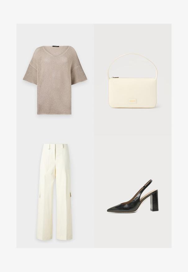 Pull beige en maille ouverte avec un décolleté en V, des manches courtes et une coupe ample. Le matériau est léger avec un motif tissé texturé.; Pantalons cargo à jambes larges en tissu crème clair, dotés de poches à rabat, d'une taille haute et de fentes latérales pour un détail et une fonctionnalité supplémentaires.; Chaussure slingback en cuir noir à bout pointu avec un talon bloc haut et une doublure intérieure beige sur un fond clair uni.; Sac à main rectangulaire de couleur crème avec une seule sangle et une fermeture éclair sur le dessus, comportant une petite plaque de logo embossé à l'avant.
