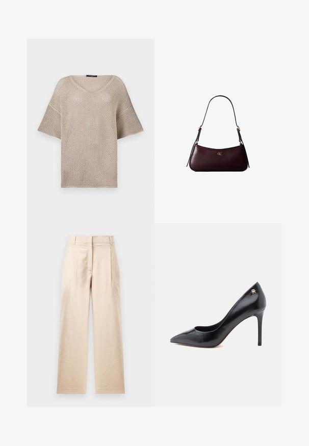 Avoin beige neulepaita, jossa on V-pääntie, lyhyet hihat ja löysä istuvuus. Materiaali on kevyt ja siinä on teksturoitu kudontamalli.; Beige-housut, jotka on valmistettu sileästä kankaasta. Ominaisuuksiin kuuluu suora leikkaus, litteä etuosa ja kaksi laskosta. Ei näkyviä kuvioita tai varusteita.; Musta nahkainen korkeakorkoinen avokärkinen avokärkinen korkokenkä, jossa on leikkauskuviointi ja pieni kultainen logo kannassa.; Tumman viininpunainen nahkainen käsilaukku, jossa on ohut musta olkahihna ja pieni kultainen "cK" logo etuosan keskellä.