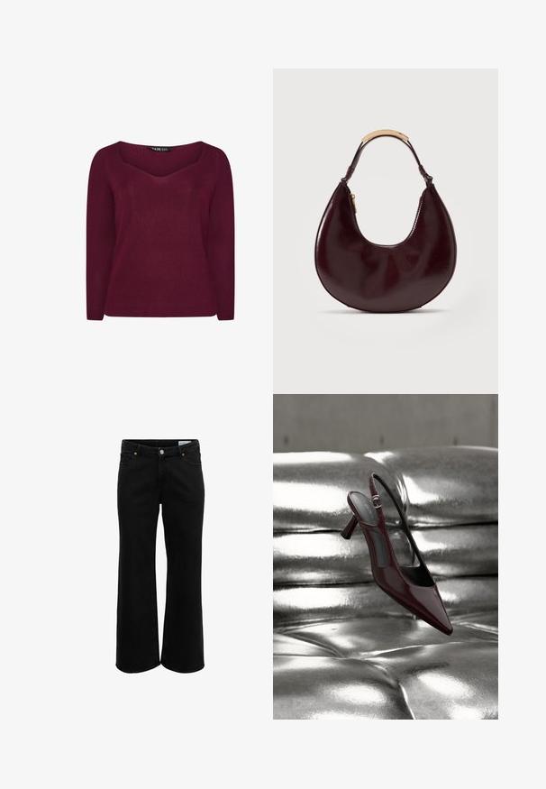 Burgunderfarvet ribbestrik sweater med V-hals, lange ærmer og subtile pilformede detaljer på forsiden. Blødt stof med en struktureret overflade.; Sorte, højttaljede flare jeans med lommer foran og bagpå, bæltestropper og knaplukning i taljen.; Blank mørkerød slingback højhælet sko med spids tå, vist på en skinnende sølvfarvet polstret læderoverflade.; Mørkebrunt læderhåndtaske i halvmåneform med en kort håndtag, der har en metalaccent i guldfarve og en sidelomme med lynlås.