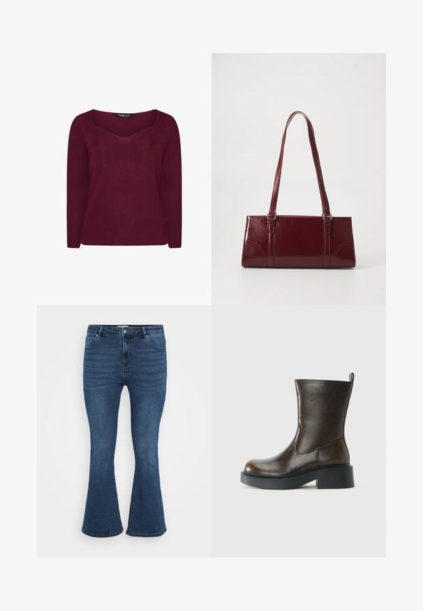 Burgunderfarvet ribbestrik sweater med V-hals, lange ærmer og subtile pilformede detaljer på forsiden. Blødt stof med en struktureret overflade.; Bredde blå denimjeans med medium taljehøjde, fem lomme-design og subtile ribbede tekstur foran. Stof ser robust og glat ud.; Mørkebrune læderstøvler til midten af læggen med rund tå, tyk sort sål, lav blokhælel og en trækflap bagpå.; Bordeaux håndtaske lavet af glansfuldt materiale, rektangulær form, med to skulderremme og subtile buede detaljer på forsiden.