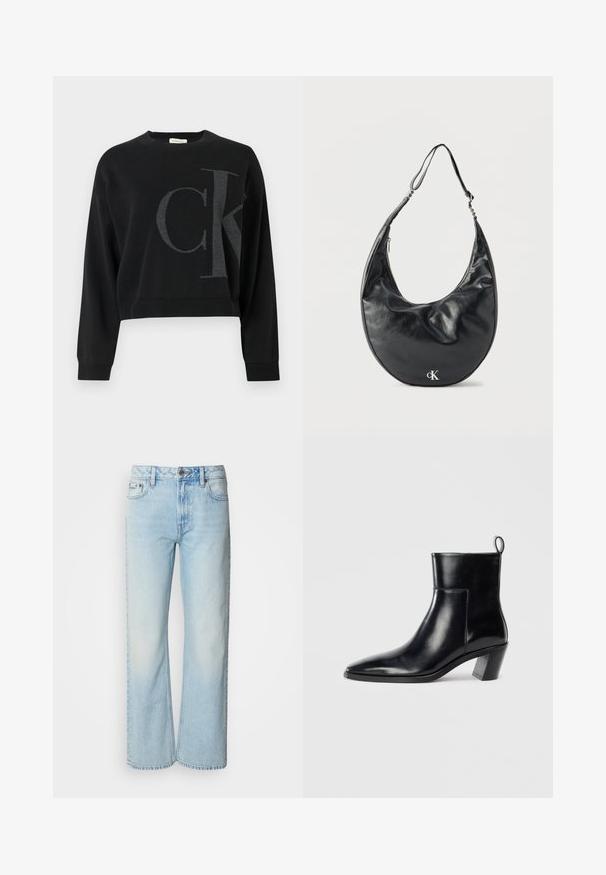 Pull court noir avec un grand logo "CK" gris sur le devant. Confectionné dans un tissu doux et texturé avec des poignets côtelés.; Jeans à jambes larges bleu clair en denim, présentant un design classique à cinq poches et une texture légèrement décolorée. La couture en denim est visible.; Bottine en cuir noir avec un bout pointu, un talon empilé géométrique et une languette à l'arrière. Texture lisse et design épuré.; Sac d'épaule en cuir noir en forme de croissant avec une sangle ajustable et un logo argenté « cK » à l'avant, sur fond blanc.