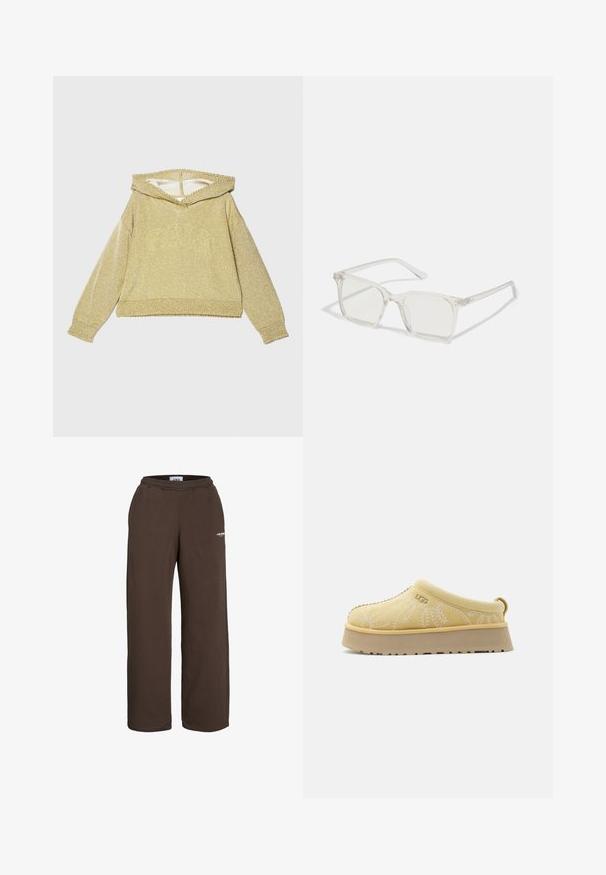 Gouden, sprankelende hoodie met een brede halslijn, lange mouwen en geribbelde cuffs. Heeft een gestructureerde afwerking en een cropped ontwerp.; Bruine sweatpants met wijde pijpen, elastische tailleband en een klein wit tekstlogo op het bovenbeen, tegen een witte achtergrond.; Beige instap UGG-schoen met dikke zool, bloemsteek en logo aan de zijkant, ontworpen voor casual gebruik.; Heldere plastic vierkante monturen met doorzichtige glazen, gekenmerkt door gouden accenten op de slapen voor extra detail.