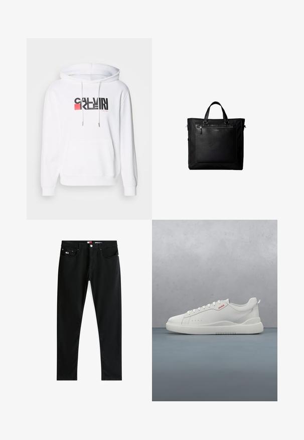 Valge kapuutsiga sweatshirt esiküljel taskuga, millel on must ja punane "CALVIN KLEIN" logo. Kinnituspaelad on hõbedase metallotsaga, pehme tekstuur.; Mustad kitsad teksapüksid viie tasku, metallnupu, tõmbluku ja väikese Tommy Hilfiger lipp-logoga paremal esimesel taskul.; Valged spordijalatsid siledast nahast, ümar varvas, neli silmaauku, kerged perforatsioonid ja punane logo külje peal.; Must kahe käepidemega kandekott, suur esiosa nahast tasku tõmblukuga ja diskreetne Calvin Kleini logo tasku keskel.