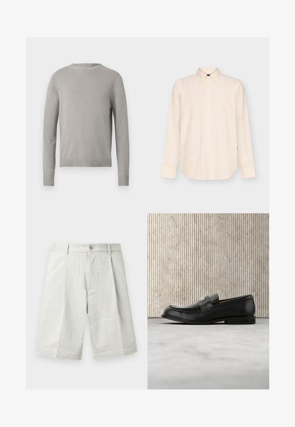 Lys grå strikket sweater med rund halsudskæring, ribbede manchetter og kant. Har et struktureret stof i en ensfarvet farve uden mønstre.; Langærmet beige skjorte med knapper og subtile lodrette striber samt klassisk krave, vist på en ensfarvet lys baggrund.; Lysegrå shorts lavet af tekstureret stof med knaplukning, plisseringer og lige snit, velegnet til afslappet brug.; Sort læderloafer med metalbrandskilt hvilende nær et brunt rundt bord på beige tæppe.