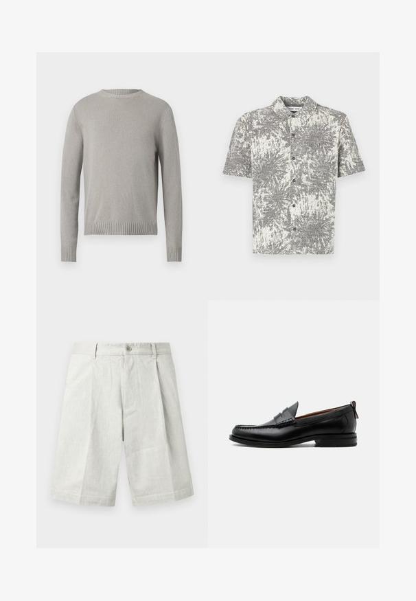 Lys grå strikket sweater med rund halsudskæring, ribbede manchetter og kant. Har et struktureret stof i en ensfarvet farve uden mønstre.; Kortærmet skjorte med knapper foran i sort og hvidt abstrakt mønster. Har krave og frontknapper, lavet af let stof.; Lysegrå shorts lavet af tekstureret stof med knaplukning, plisseringer og lige snit, velegnet til afslappet brug.; Sort læder herre loafer med moc-tå syning, penny strop, struktureret krave og lav stablet hæl på hvid baggrund.