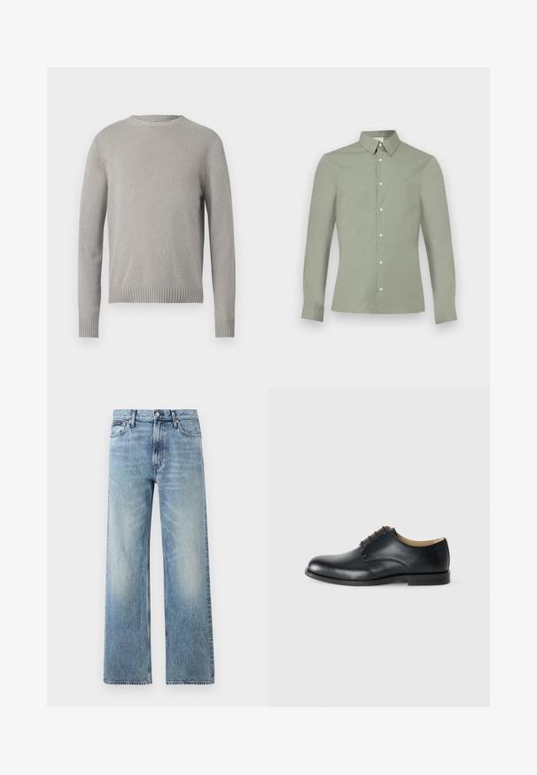Lys grå strikket sweater med rund halsudskæring, ribbede manchetter og kant. Har et struktureret stof i en ensfarvet farve uden mønstre.; Lysegrøn skjorte med lange ærmer, knaplukning på kraven og hvide knapper, vist på en ensartet hvid baggrund.; Lyseblå denim jeans med lige ben, højt talje, fem lommer, knaplukning og diskrete falmede områder på lår og knæ.; Calvin Klein ESS DERBY - Snøresko - triple black