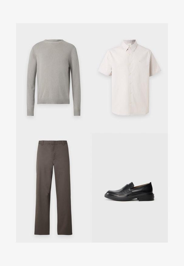 Lys grå strikket sweater med rund halsudskæring, ribbede manchetter og kant. Har et struktureret stof i en ensfarvet farve uden mønstre.; Kortærmet skjorte med knapper, beige og hvide lodrette striber og en spids krave på en ensfarvet baggrund.; Brune bomuldsbukser med et design i lige ben, der har bæltestropper og en glat tekstur. Ingen synlige mønstre eller hardware-detaljer.; Sorte læder slip-on dress sko med lav hæl og subtil Calvin Klein logo på siden, vist i profil på en hvid baggrund.