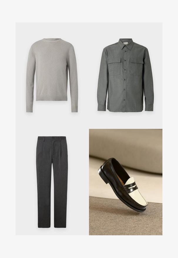 Lys grå strikket sweater med rund halsudskæring, ribbede manchetter og kant. Har et struktureret stof i en ensfarvet farve uden mønstre.; Grå skjorte med knapper foran, har en struktureret krave, to brystlommer og lange ærmer med knaplukning ved manchetterne; tekstureret stof.; Grå skræddersyede bukser med lige ben, der har en frontfold, lynlås og knaplukning. Glat tekstur, klassisk design.; Sort læderloafer med en cremefarvet vamp og sorte accentstriber, som har en lav hæl og detaljeret syning langs kanterne.