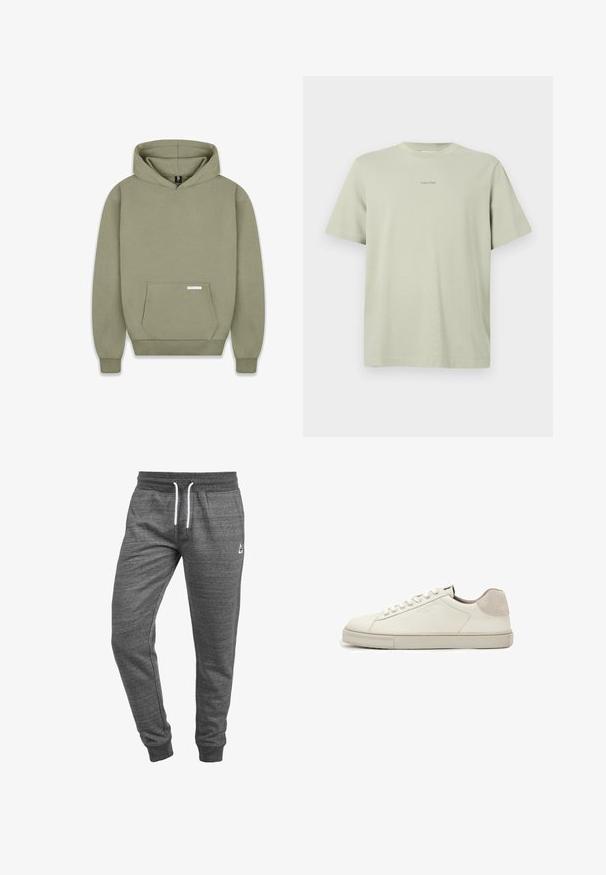 Sweat-shirt à capuche vert olive, avec des manches longues, une poche kangourou à l'avant, des poignets côtelés, et une petite étiquette sur la poche.; T-shirt en coton vert clair avec un col rond, des manches courtes et un petit logo Calvin Klein imprimé en une teinte plus foncée sur la poitrine.; Pantalon de jogging gris en tissu doux, doté d'une taille élastique avec cordons blancs et d'un petit logo sur la cuisse supérieure.; Baskets basses en cuir blanc avec lacets blancs, semelle légèrement texturée et patch en daim gris clair au talon, vue latérale.