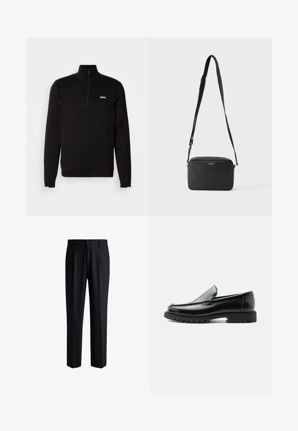 Pull-over noir à demi-zip en tissu tricoté doux. Il présente un col montant, des manches longues et un logo BOSS blanc sur la poitrine.; Pantalons noirs en tissu lisse, avec une coupe droite, des plis à l'avant et une fermeture à bouton avec passants de ceinture.; Mocassin en cuir noir avec semelle en caoutchouc épaisse, dessus cousu et nom de marque embossé sur le talon, présenté de profil sur fond blanc.; Sac bandoulière rectangulaire noir avec sangle réglable et logo BOSS sur le devant, sur un fond clair uni.