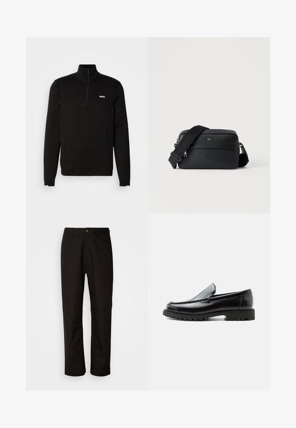 Pull-over noir à demi-zip en tissu tricoté doux. Il présente un col montant, des manches longues et un logo BOSS blanc sur la poitrine.; Pantalon en coton noir avec une coupe droite, des passants de ceinture, une fermeture éclair à l'avant et un seul bouton. Texture lisse sans motifs visibles.; Mocassin en cuir noir avec semelle en caoutchouc épaisse, dessus cousu et nom de marque embossé sur le talon, présenté de profil sur fond blanc.; Sac bandoulière en cuir noir texturé avec poche avant zippée et bandoulière large en tissu réglable sur fond blanc.