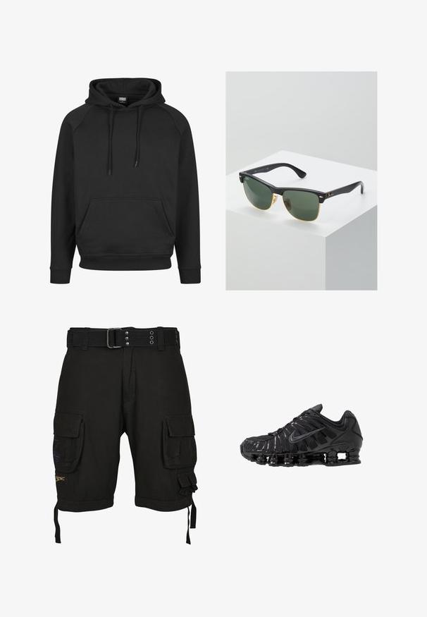 Zwarte capuchontrui met een kangoeroezak, geribbelde manchetten en zoom. Gemaakt van zachte stof met trekkoordjes aan de capuchon. Casual ontwerp.; Zwarte cargoshorts gemaakt van duurzaam fabric, met meerdere zijzakken, een gevlochten riem en verstelbare zijtouwen.; Zwarte sportschoenen gemaakt van mesh en synthetische materialen, met een opvallend golvend ontwerp, zwarte rubberen zool en reflecterende accenten.; Ray-Ban zonnebrillen met groene lenzen, zwarte plastic monturen en gouden accenten aan de randen. Vierkante vorm met een matte afwerking.