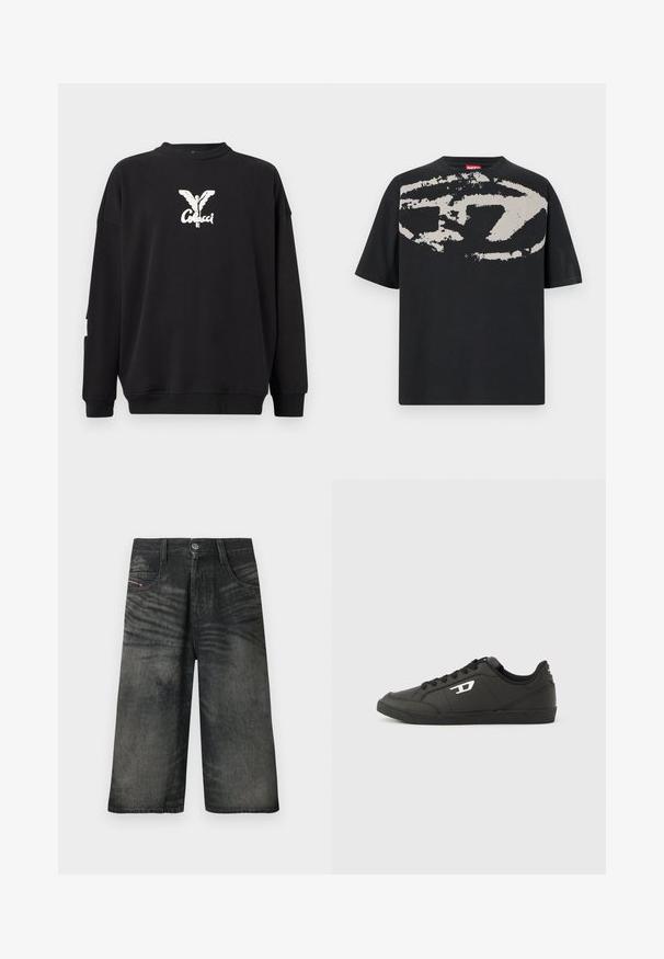 Sweat-shirt noir à manches longues avec poignets et ourlet côtelés, présentant une figure ailée blanche et le logo texte "Coilucci" centré sur la poitrine.; T-shirt noir avec un grand motif abstrait gris clair sur le devant. Manches courtes et encolure ronde classique. Matière en coton.; Shorts noirs en denim à jambes larges avec bouton sur le devant, fermeture éclair, passants pour ceinture et détails de texture délavée.; Baskets synthétiques noires avec une semelle noire texturée, un bout rond et des lacets plats noirs. Logo blanc remarquablement placé sur le côté extérieur.