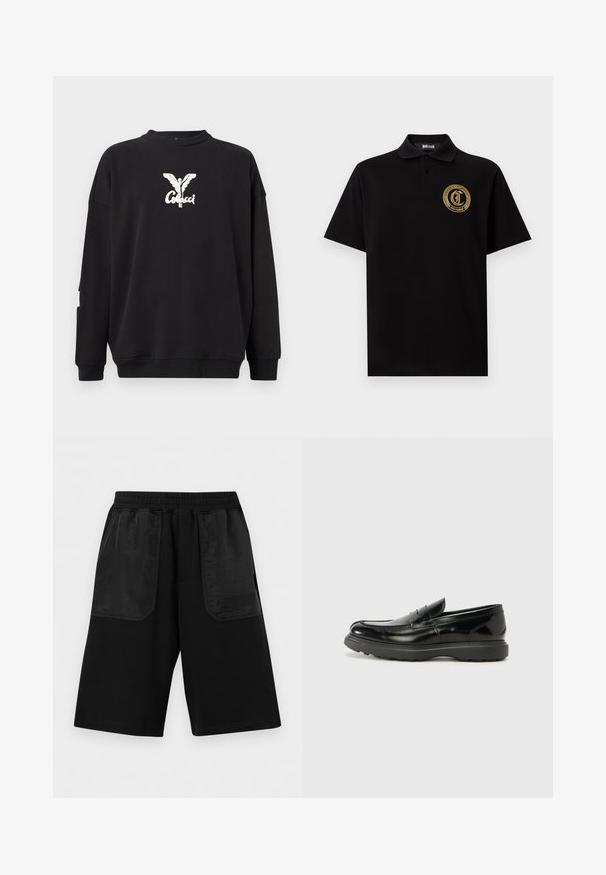 Sweat-shirt noir à manches longues avec poignets et ourlet côtelés, présentant une figure ailée blanche et le logo texte "Coilucci" centré sur la poitrine.; Polo noir à manches courtes avec col et patte à deux boutons, arborant un logo circulaire doré Just Cavalli sur la poitrine.; Short noir arrivant aux genoux avec taille élastique et deux grandes poches avant en nylon, avec un logo subtil Versace Jeans Couture sur la poche droite.; Mocassin en cuir noir avec une finition brillante, bout arrondi, détails de couture subtils et semelle en caoutchouc épaisse pour la durabilité.