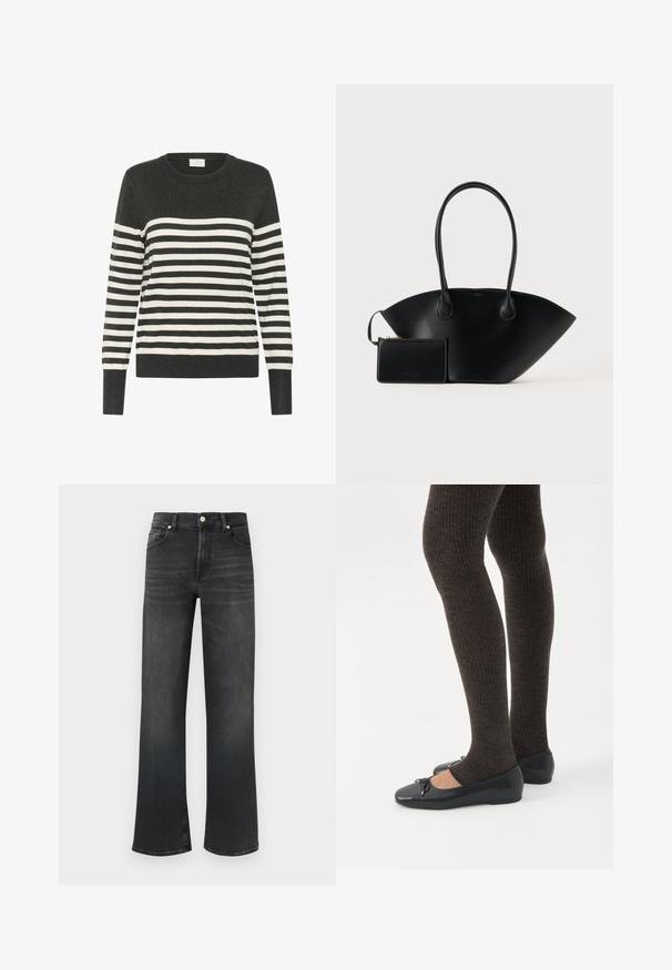 Pull rayé en gris foncé et blanc, col rond, manches longues, arborant des rayures horizontales et des poignets et un ourlet côtelés. Matière tricotée douce.; Jean en denim noir avec une taille haute et une coupe large. Il comprend cinq poches et une fermeture par bouton, avec un léger délavage du tissu.; Jambes portant des leggings côtelés foncés associés à des ballerines noires avec de petits détails en nœud sur fond blanc.; Sac à main en cuir noir avec de longues anses et une petite pochette assortie zippée sur un fond uni.