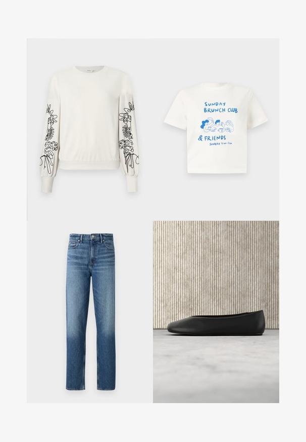 Witte lange mouwen sweatshirt met zwarte abstracte bloemenborduursels op de mouwen en ribgebreide boorden en zoom.; Wit T-shirt met korte mouwen en een blauwe illustratie van drie mensen die samen brunchen, met de tekst "Sunday Brunch Club & Friends Sunday 9 AM - 3 PM."; Good American GOOD BARREL - Straight leg jeans - indigo; Zwarte leren balletflat met een afgeronde neus, een gladde textuur en een gouden logoaccent aan de zijkant. Geplaatst boven een reflecterend oppervlak.