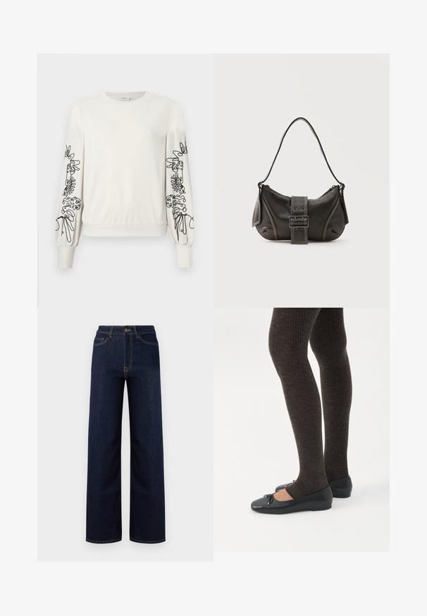 Witte lange mouwen sweatshirt met zwarte abstracte bloemenborduursels op de mouwen en ribgebreide boorden en zoom.; Donkerblauwe wijde jeans van denim, met een hoge taille, vier zakken en contrasterende stiksels langs de naden.; Benen met donkere geribbelde leggings gecombineerd met zwarte ballerina's met kleine strikdetails op een witte achtergrond.; Zwarte leren schoudertas met gespsluiting aan de riem, afgeronde hoeken en contrasterende witte stiksels op een effen achtergrond.