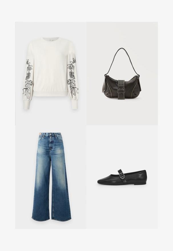 Weißer Langarm-Sweatshirt mit schwarzem abstraktem Blumendruck auf den Ärmeln sowie gerippten Bündchen und Saum.; Weite, blaue Denim-Jeans mit einem ausgewaschenen Finish, hoher Taille und klassischem Fünf-Taschen-Design. Enthält Kupferbeschläge und ausgefranste Säume.; Schwarzer Lederflatschuh mit runder Zehenform, einem verstellbaren Schnallenriemen und einer glatten, glänzenden Oberfläche. Minimalistisches Design mit einem niedrigen Absatz.; Schwarze Leder-Schultertasche mit Schnallengurt-Detail, abgerundeten Kanten und kontrastierenden weißen Nähten auf schlichtem Hintergrund.