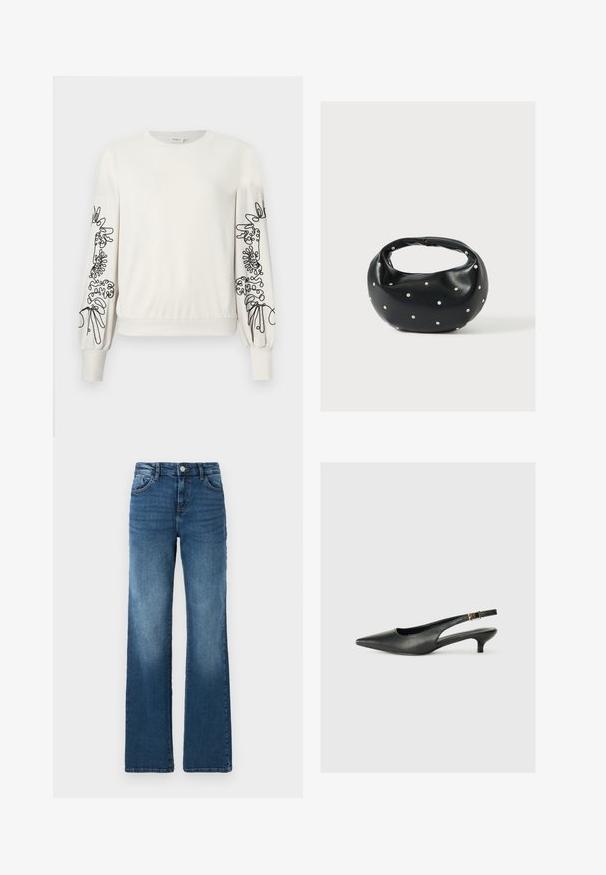 Weißer Langarm-Sweatshirt mit schwarzem abstraktem Blumendruck auf den Ärmeln sowie gerippten Bündchen und Saum.; Blaue Jeans aus Denim mit geradem Bein, fünf Taschen, leichter Ausbleichung, Knopfverschluss und kontrastierenden Nähdetails.; Schwarzer Slingback-Schuh mit spitzem Zehenbereich aus glattem Leder. Mit einem dünnen Absatz und einer dekorativen Schnalle am verstellbaren Riemen.; Schwarze Lederhandtasche mit abgerundeter Form, verziert mit silbernen Nietenakzenten und kurzem Griff. Glatte Struktur und Reißverschlussverschluss.