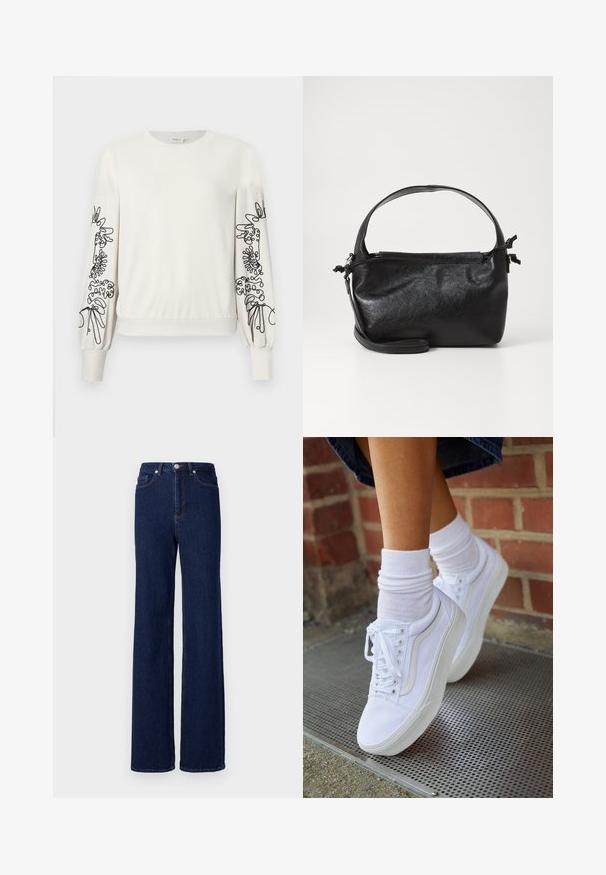 Hvid langærmet sweatshirt med sort abstrakt blomsterbroderi på ærmerne samt ribbede manchetter og kant.; Mørkeblå denim jeans med høj talje, bred benudskæring og klassisk fem-pocket design. Afsluttet med kontrastsyning og en metalknap.; Hvide lærreds sneakers med gummisåler, der har seks snørehuller, rund tå og let sømdetaljer, krydret med hvide ankelstrømper.; Sort læderhåndtaske med et struktureret design, rund tophåndtag og aftagelig skulderrem. Den har en glat tekstur og en subtil glans.