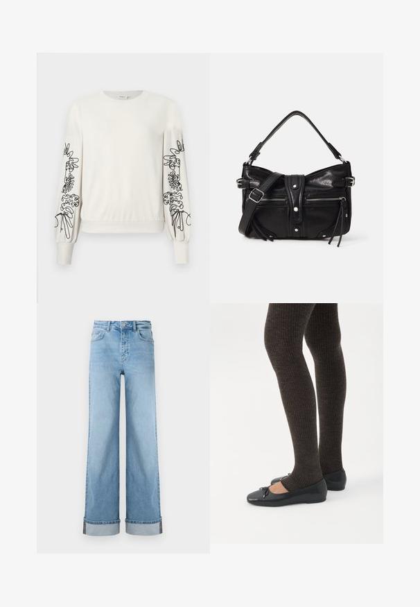 Hvid langærmet sweatshirt med sort abstrakt blomsterbroderi på ærmerne samt ribbede manchetter og kant.; Lyseblå, vide jeans i klassisk denim med høj talje, prydet med opbrettede kanter og synlig søm.; Ben iført mørke ribbede leggings kombineret med sorte balletsko med små sløjfedetaljer på hvid baggrund.; Even&Odd H24462 - Håndtasker - black