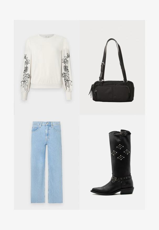 Weißer Langarm-Sweatshirt mit schwarzem abstraktem Blumendruck auf den Ärmeln sowie gerippten Bündchen und Saum.; Hellblaue Jeans aus Denim mit geradem Schnitt, Fünf-Taschen-Style und metallischem Knopfverschluss vorne. Leicht gewollte Abnutzung.; Schwarzer Leder-Mid-Calf-Stiefel mit silbernen Nieten in Diamantmustern, Schnallenriemen nahe oben und am Knöchel und einem niedrigen, schrägen Absatz.; Schwarze Tasche aus Nylon mit strukturierter Form. Verfügt über verstellbare Lederträger, eine vordere Reißverschlusstasche und subtile texturierte Akzente.